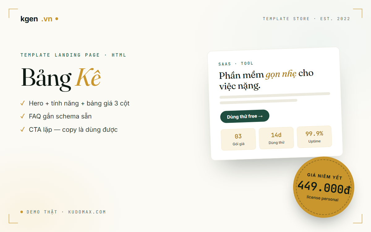 Template landing page Bảng Kê — SaaS, tool và khoá học với bảng giá 3 cột