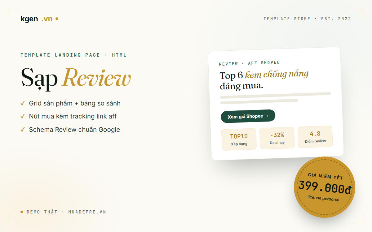 Template landing page Sạp Review — trang review affiliate Shopee