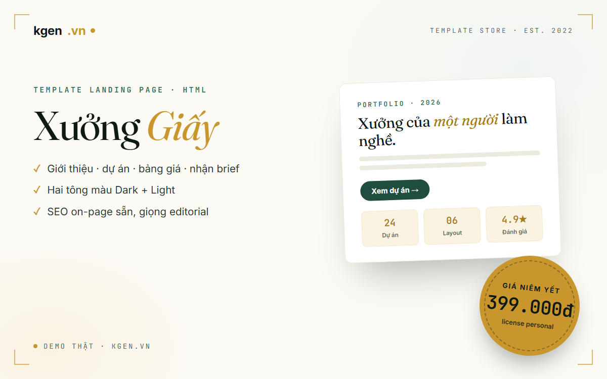 Template landing page Xưởng Giấy — portfolio freelancer và studio